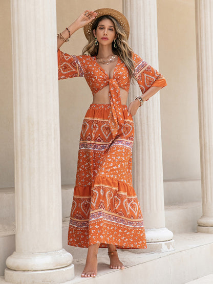 Printed Plunge Half Sleeve Top and Skirt Set - Tigbul's Variety Fashion Shop