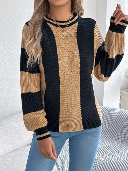 Color Block Round Neck Sweater - Tigbul's Variety Fashion Shop