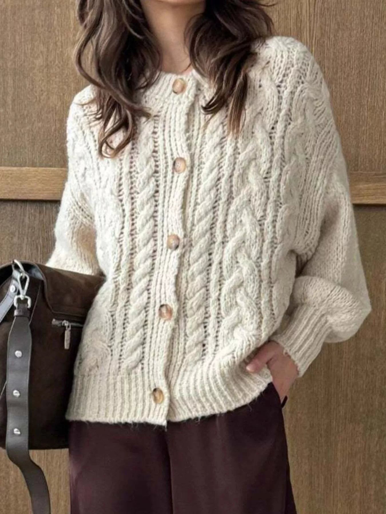 Cable Knit Button-Down Cardigan - Tigbul's Variety Fashion Shop