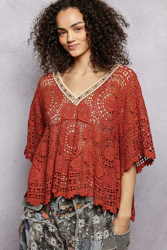 POL V-Neck Crochet Top with Scalloped Hem - Tigbul's Variety Fashion Shop