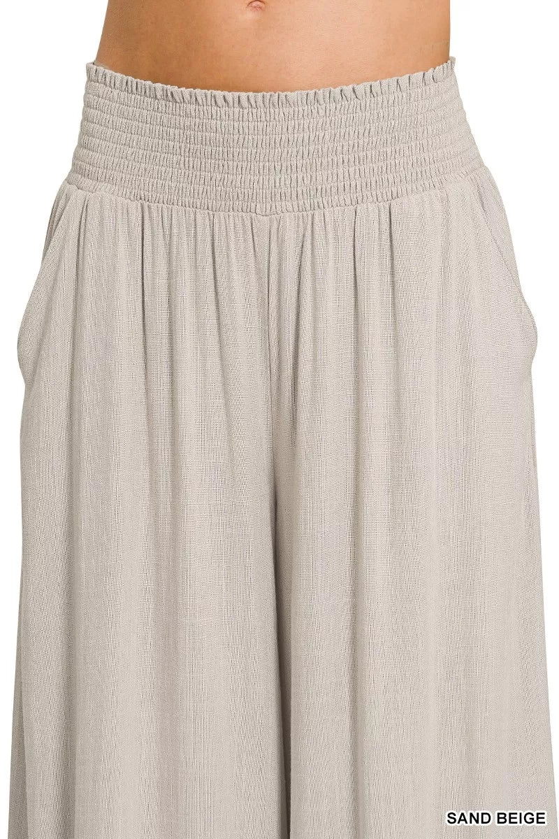 Smocked waist wide-leg pants, sand beige, gathered at waistband