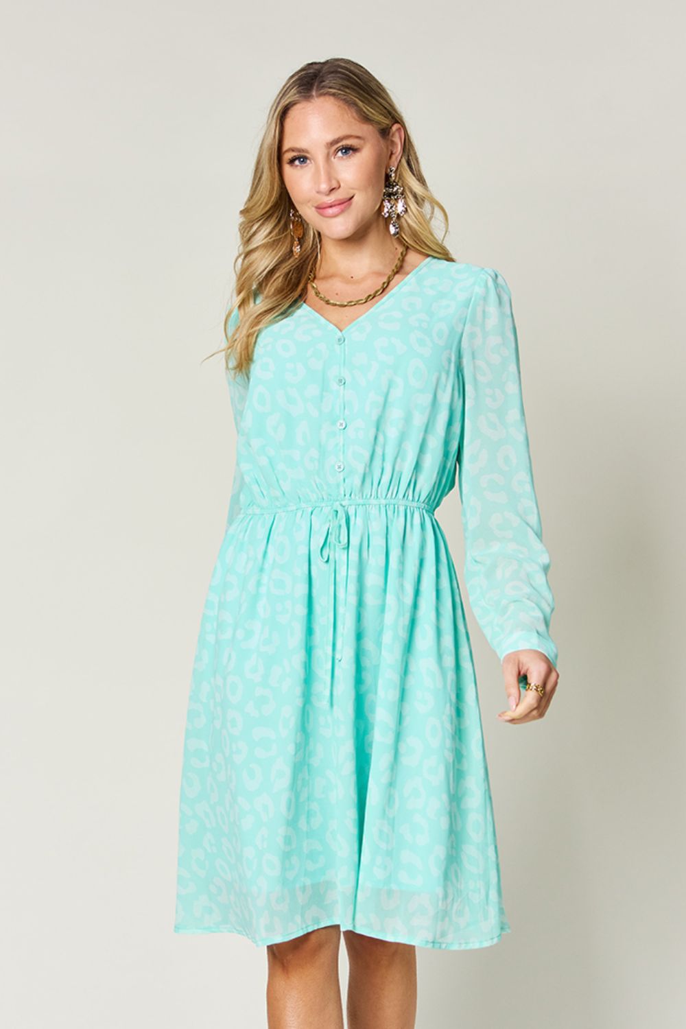 Double Take Full Size Printed Ruched V-Neck Long Sleeve Dress - Tigbul's Variety Fashion Shop