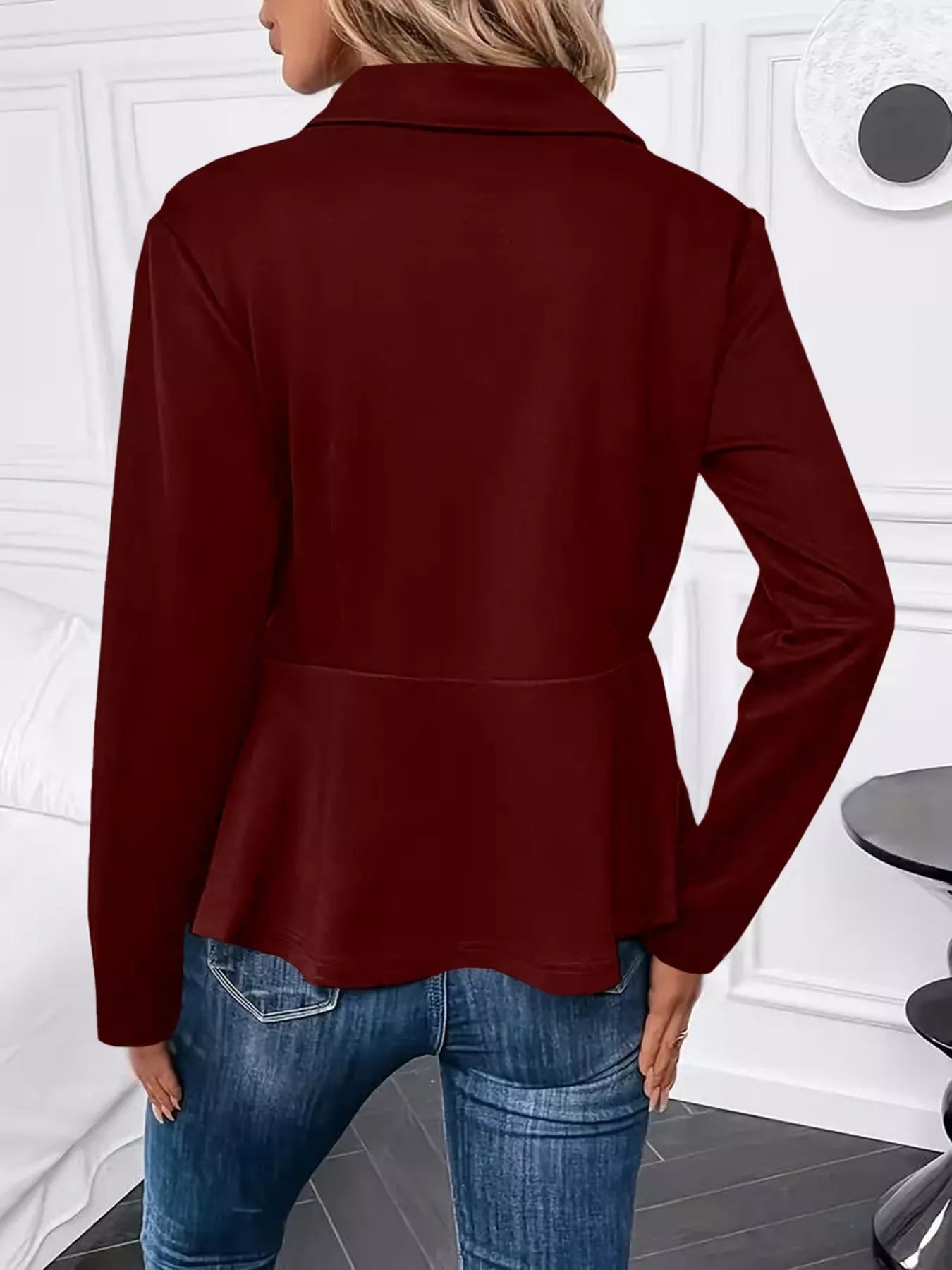 Pearl Embellished Zip-Up Peplum Outerwear - Tigbul's Variety Fashion Shop