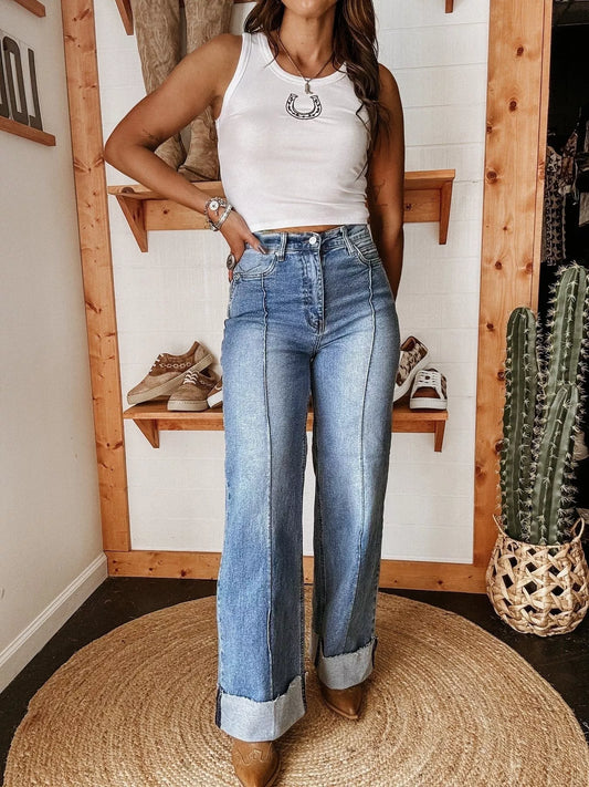 High-Waisted Wide Leg Cuffed Jeans - Tigbul's Variety Fashion Shop