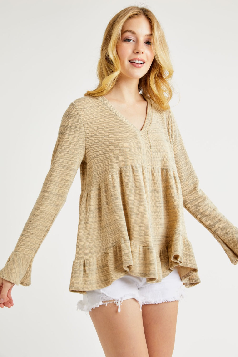 Hailey & Co V-Neck Flounce Sleeve Knit Top - Tigbul's Variety Fashion Shop