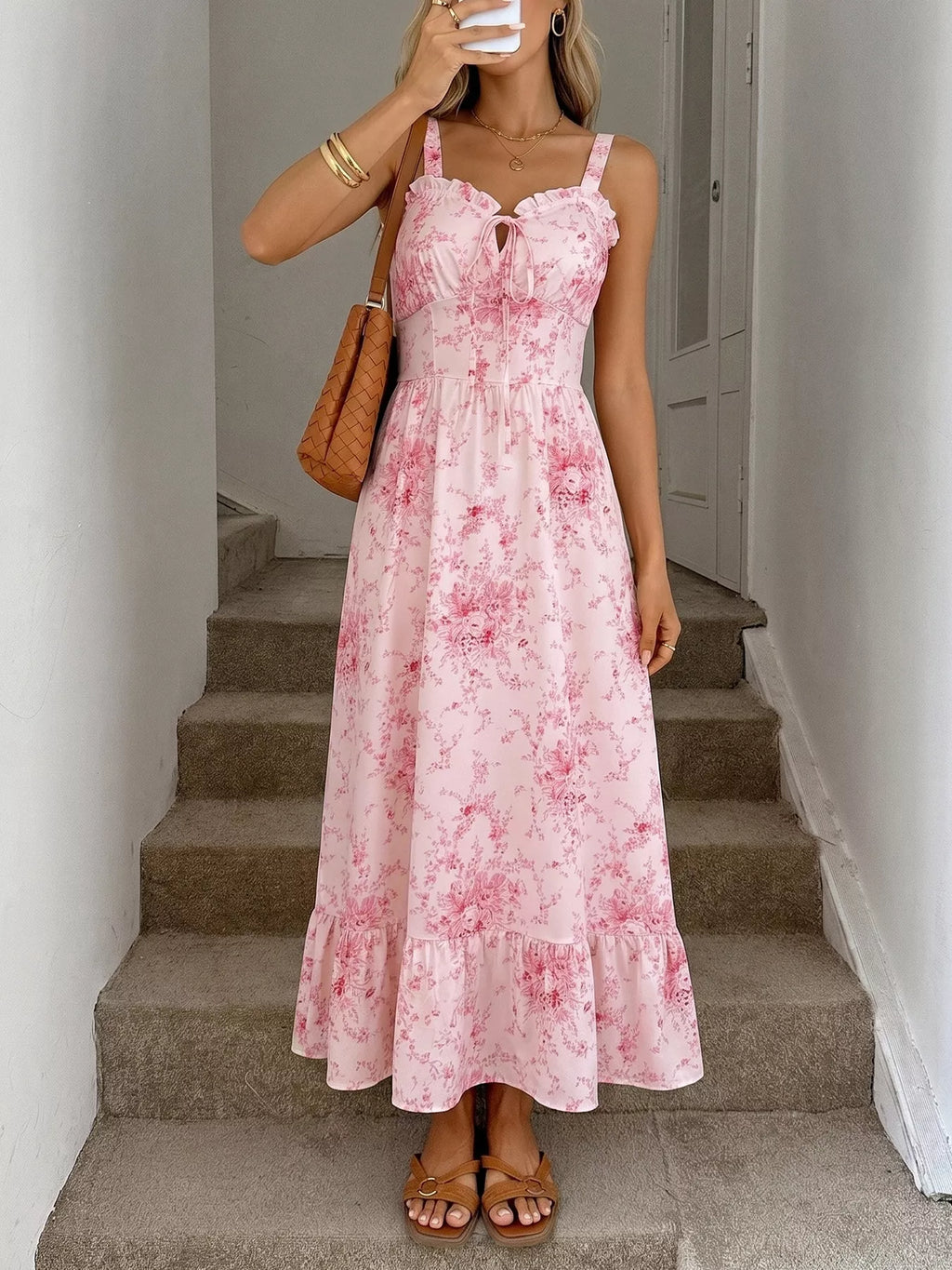 Pink floral print sleeveless cami dress with buttonless tie-front bodice