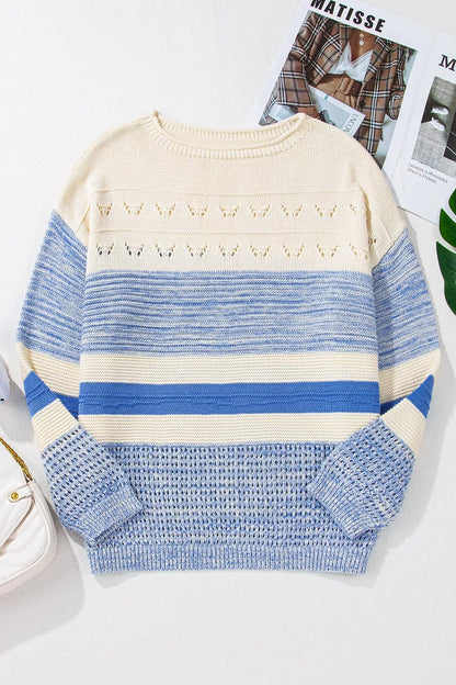 Openwork Striped Knit Long Sleeve Sweater - Tigbul's Variety Fashion Shop