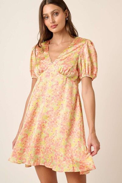 Tellow Combo Printed V-Neck Puff Sleeve Mini Dress - Tigbul's Variety Fashion Shop