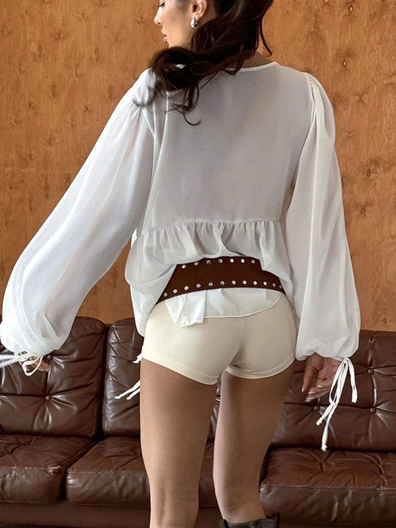 Ruffled Tie Front Long Sleeve Blouse - Tigbul's Variety Fashion Shop