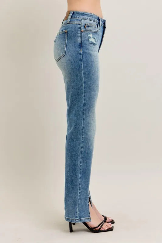 Judy Blue Full Size High Waist Vintage Wash Front Seam & Slit Straight Plus Size - Tigbul's Variety Fashion Shop