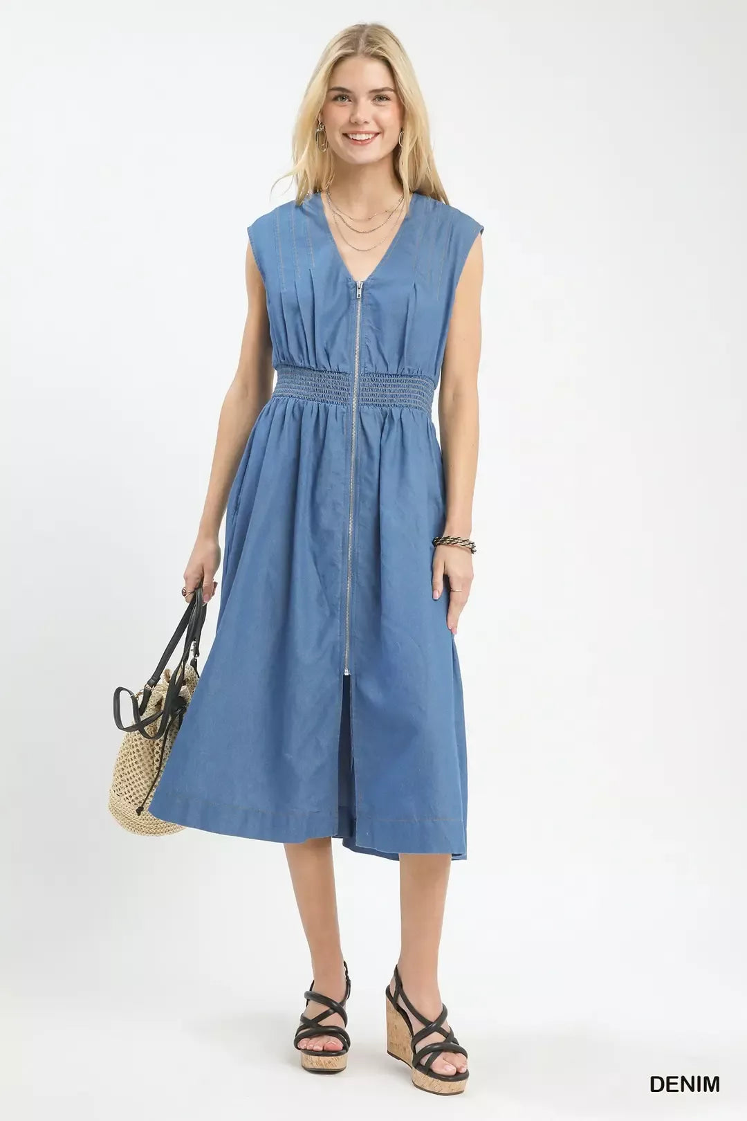 Umgee Denim Sleeveless Zip-Front Smocked Waist Midi Dress - Tigbul's Variety Fashion Shop