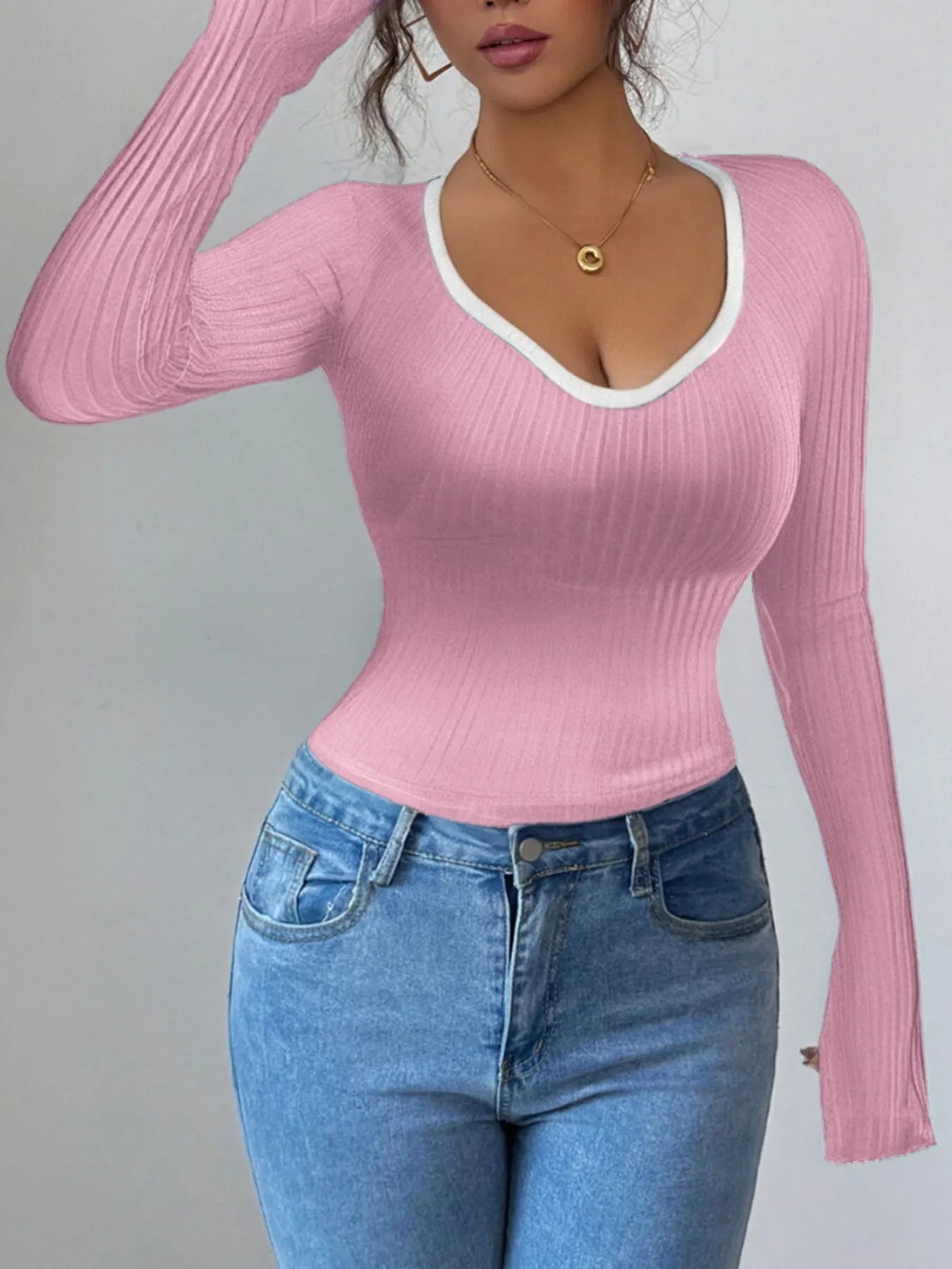 Contrast Trim Long Sleeve T-Shirt - Tigbul's Variety Fashion Shop