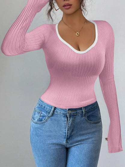 Contrast Trim Long Sleeve T-Shirt - Tigbul's Variety Fashion Shop