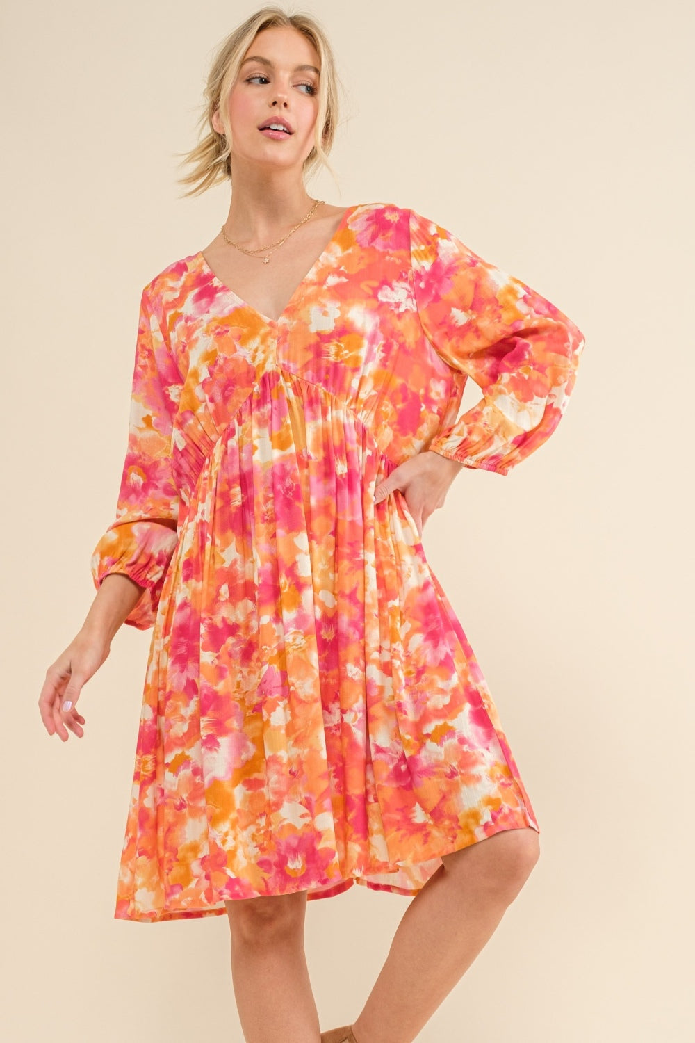 And The Why Full Size Printed Tie Back Long Sleeve Dress - Tigbul's Variety Fashion Shop