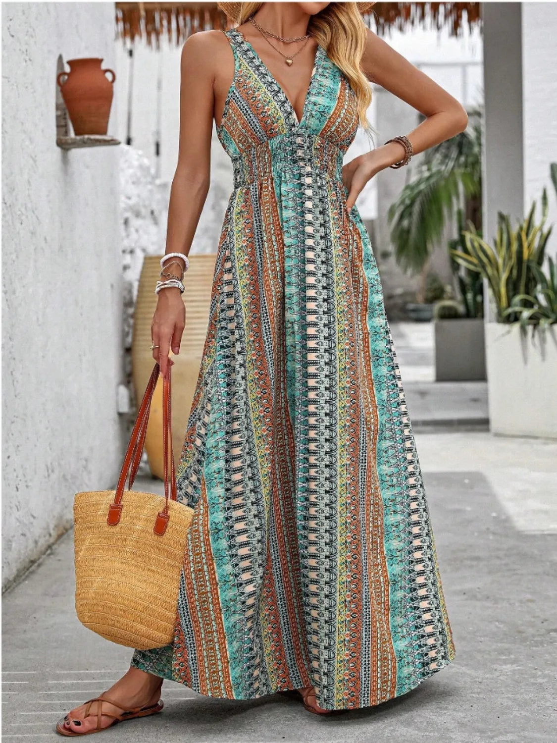 Tied Back Printed Sleeveless Maxi Slit Dress - Tigbul's Variety Fashion Shop