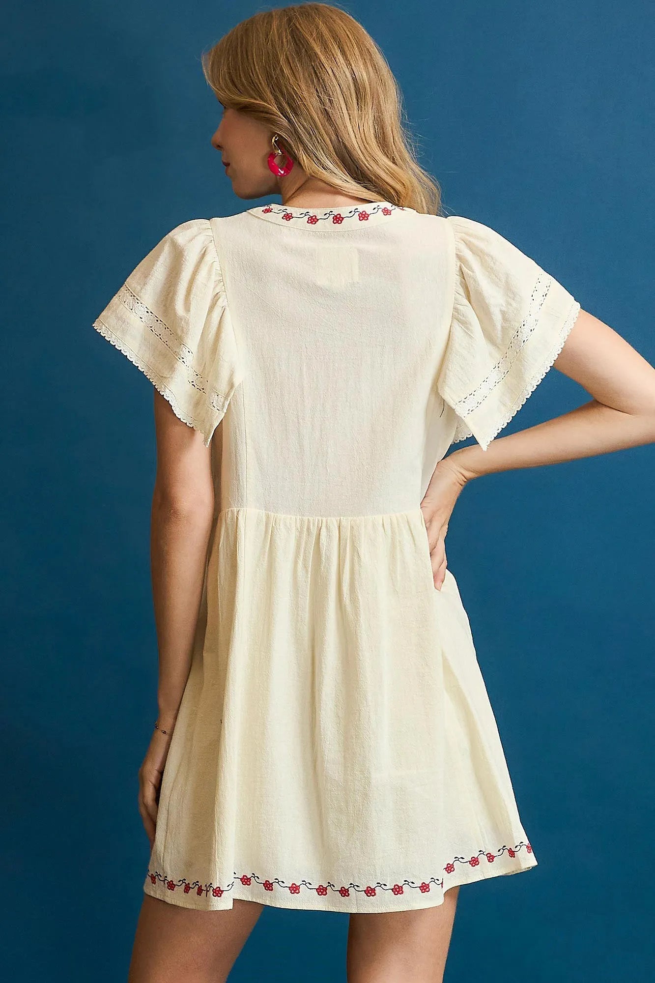 Umgee Embroidered Floral Flutter Sleeve Mini Dress - Tigbul's Variety Fashion Shop
