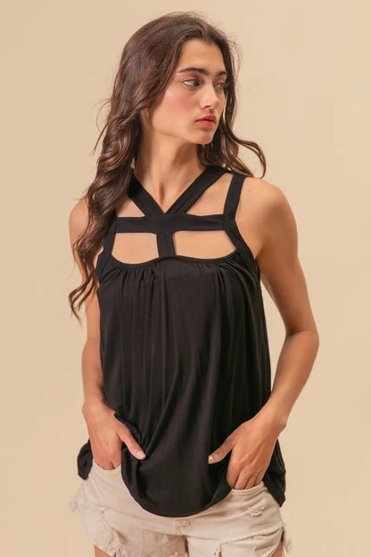 Black Rayon Span Jersey Cut Out with Straps Detailed - Tigbul's Variety Fashion Shop