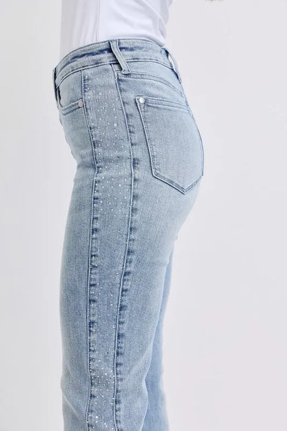 Judy Blue Full Size Midi Rise Rhinestone Side Panel Detail Flare Jeans Plus Size - Tigbul's Variety Fashion Shop