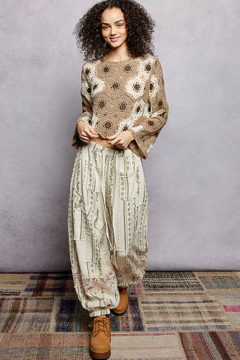 POL Floral Weave Pattern Crochet Cropped Top with Beads Detail - Tigbul's Variety Fashion Shop