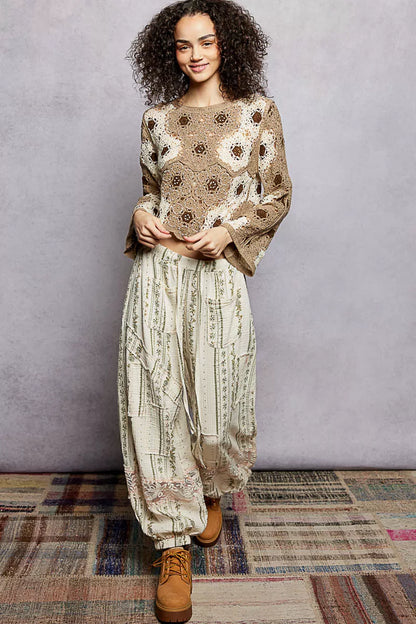 POL Floral Weave Pattern Crochet Cropped Top with Beads Detail - Tigbul's Variety Fashion Shop