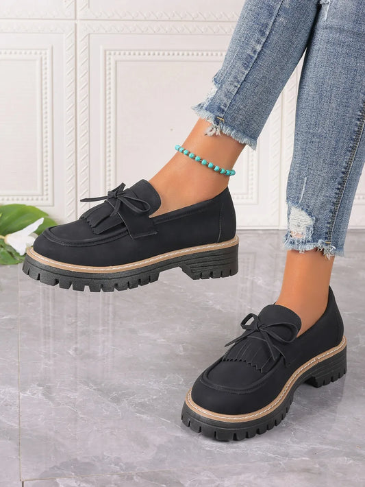 PU Leather Bow Platform Loafers - Tigbul's Variety Fashion Shop