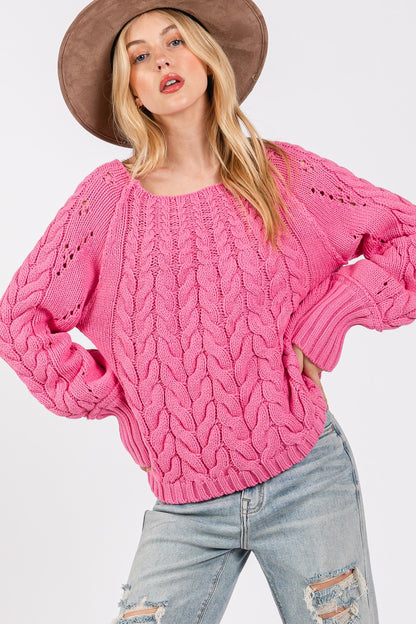 SAGE + FIG Cable-Knit Long Sleeve Sweater - Tigbul's Variety Fashion Shop