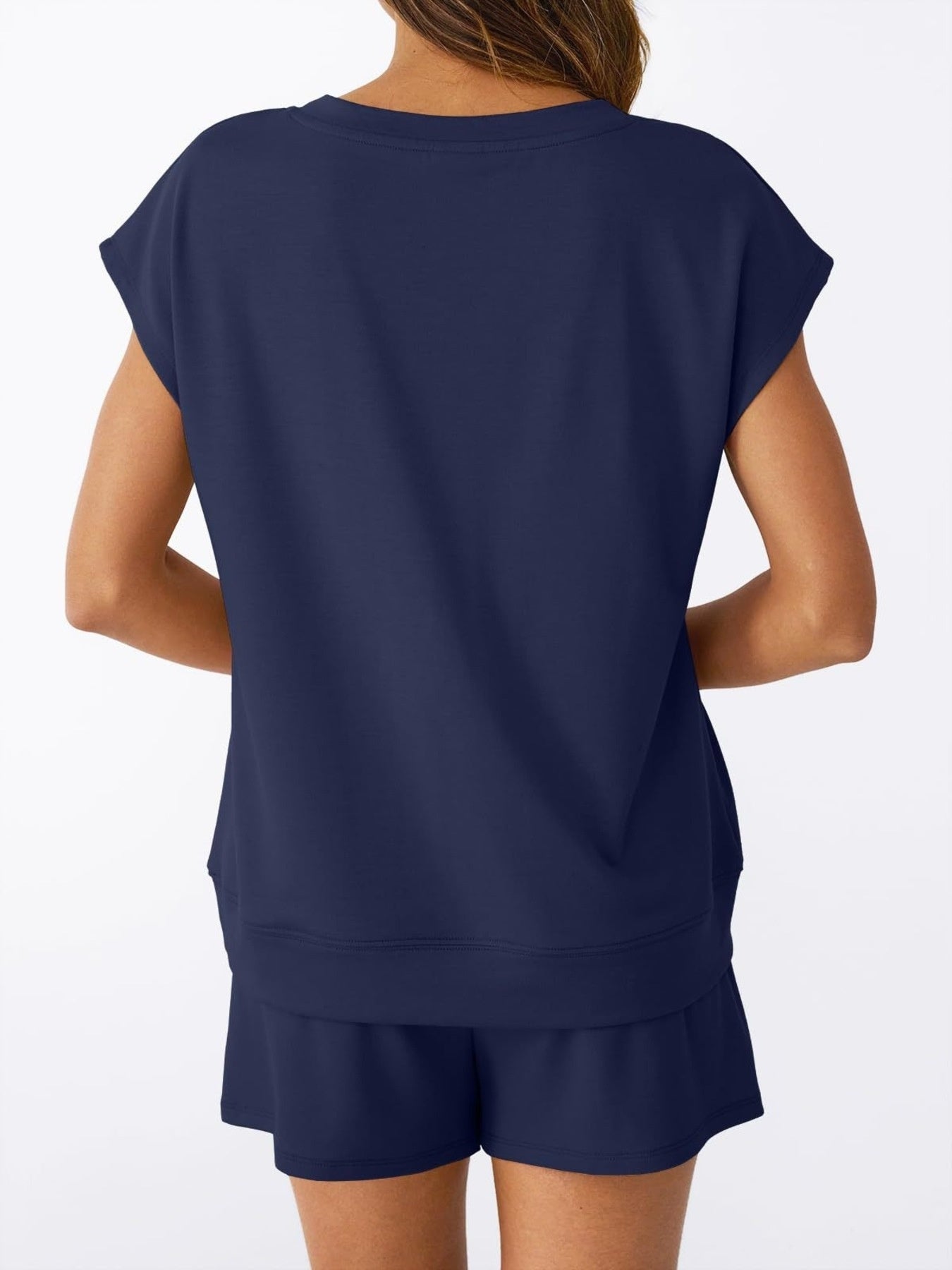 Navy V-neck t-shirt and drawstring shorts set, back view