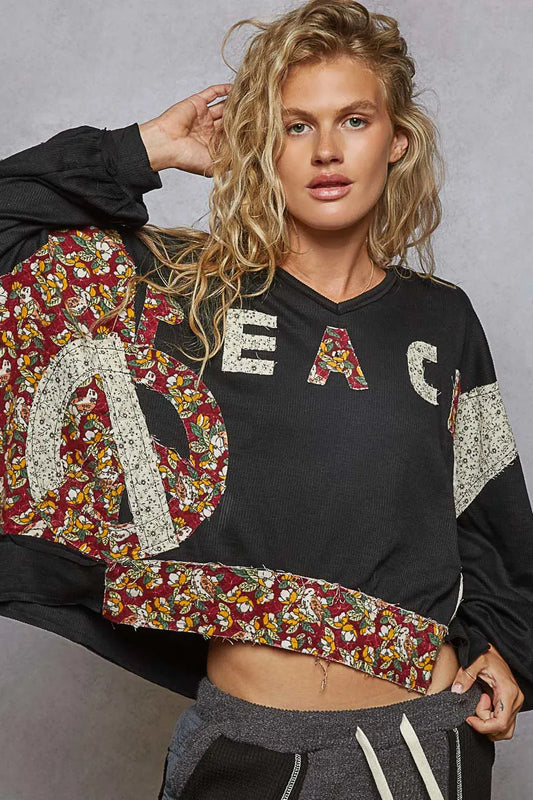 POL Peace Patch Floral Long Sleeve Hoodie - Tigbul's Variety Fashion Shop