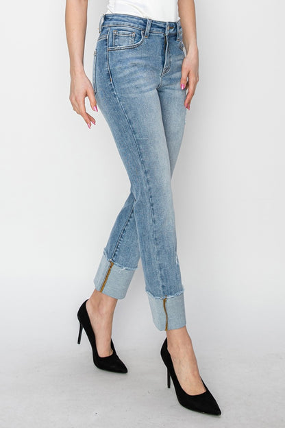 RISEN Full Size High Rise Cuffed Slim Straight Jeans - Tigbul's Variety Fashion Shop