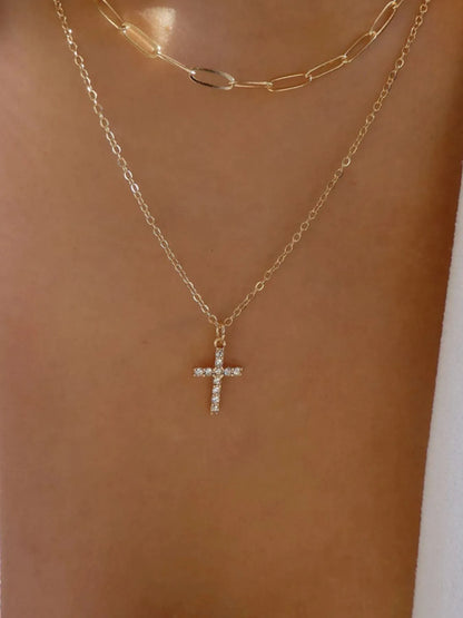 Double Layered Inlaid Zircon Cross Pendant Necklace - Tigbul's Variety Fashion Shop