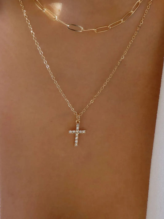 Double Layered Inlaid Zircon Cross Pendant Necklace - Tigbul's Variety Fashion Shop