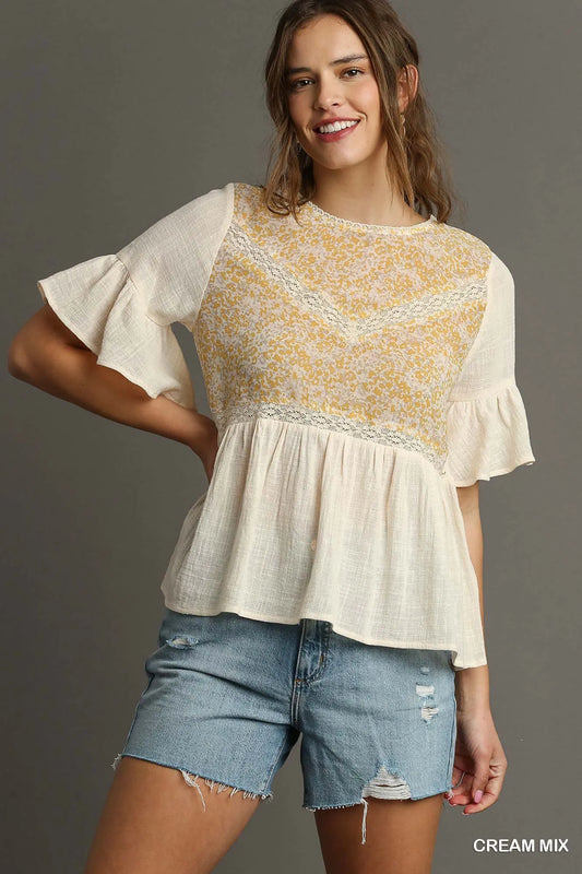 Umgee Floral Lace Trimmed Detail Half Sleeve Babydoll Top - Tigbul's Variety Fashion Shop