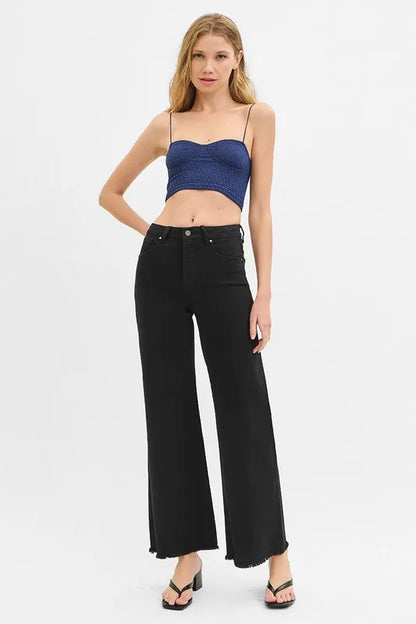 RISEN Full Size Tummy Control Black High Rise Wide Jeans Plus Size - Tigbul's Variety Fashion Shop