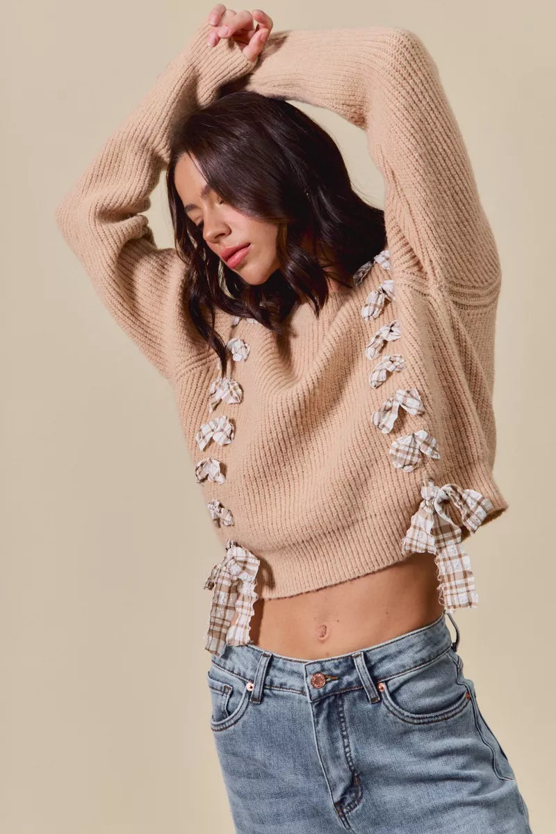 SO ME Checkered Plaid Tape Lace Up Ribbed Sweater - Tigbul's Variety Fashion Shop