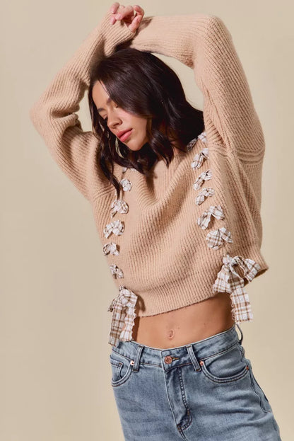 SO ME Checkered Plaid Tape Lace Up Ribbed Sweater - Tigbul's Variety Fashion Shop