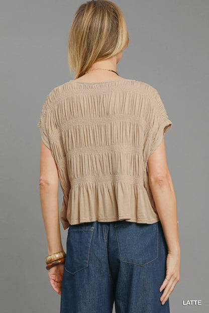 Umgee Short Sleeve Knit Smocked Top - Tigbul's Variety Fashion Shop