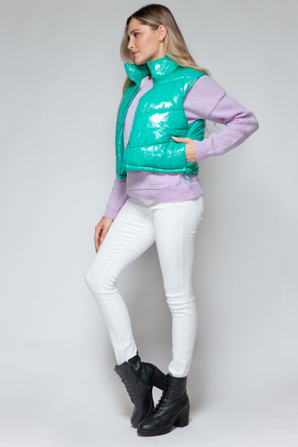 Green Zip Up Turtleneck Shiny Quilted Vest - Tigbul's Variety Fashion Shop