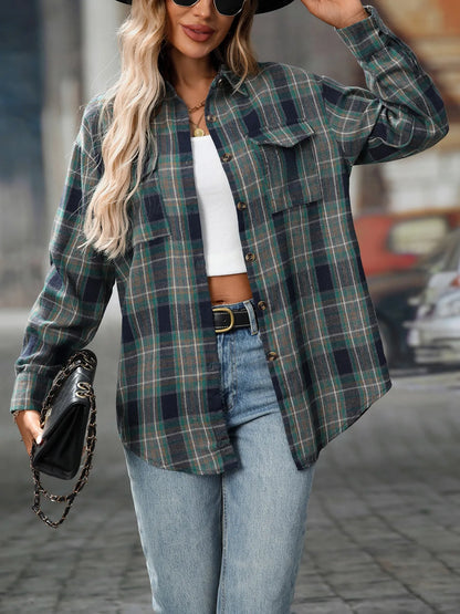 Oversized Plaid Button-Up Shirt - Tigbul's Variety Fashion Shop