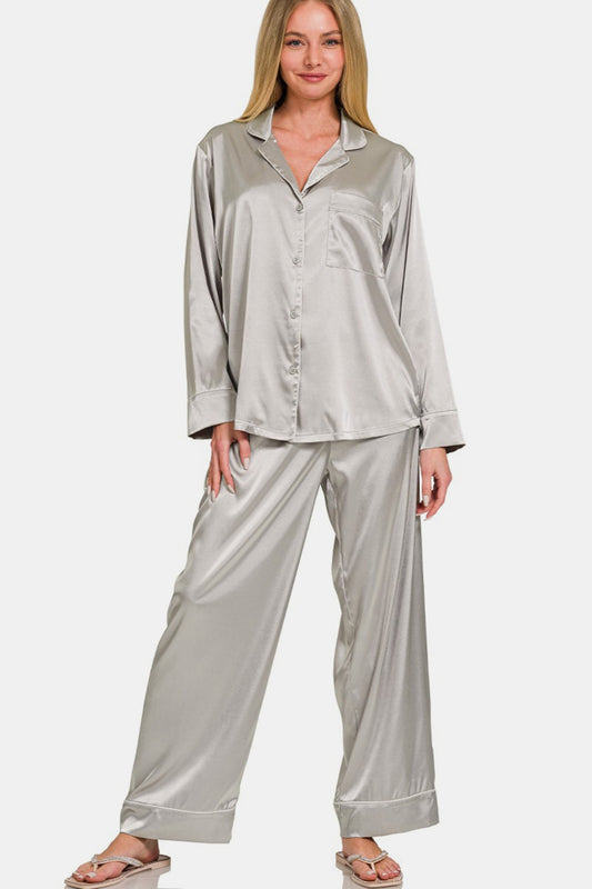 Zenana Satin Long Sleeve Shirt and Pants Pajama Set - Tigbul's Variety Fashion Shop