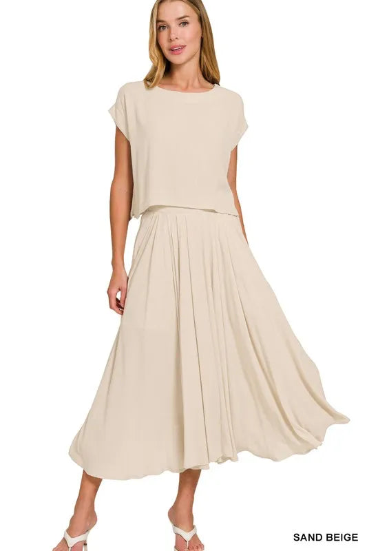 Woven Crinkle Gauze Crop Beige Tee and Skirt Set - Tigbul's Variety Fashion Shop