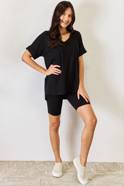 Black V-Neck Short Sleeve Slit T-Shirt and Shorts Set - Tigbul's Variety Fashion Shop