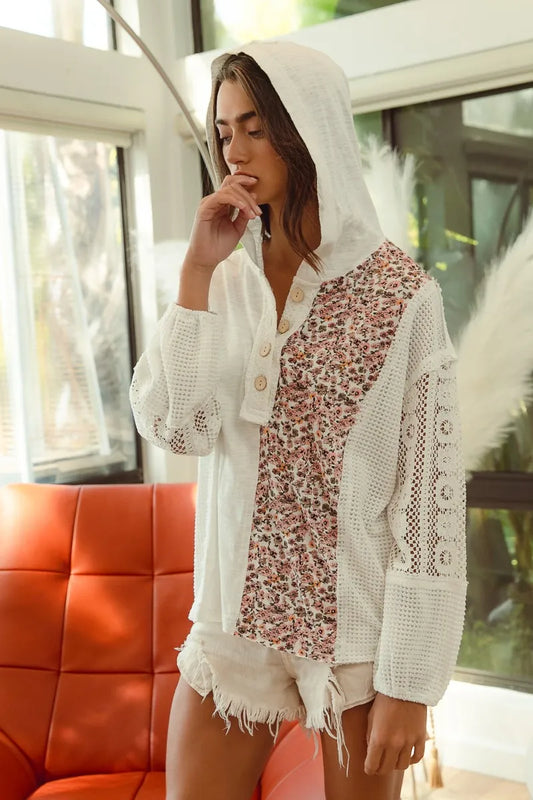 BiBi Slub Jersey with Lace Combo Buttoned Hoodie Top - Tigbul's Variety Fashion Shop