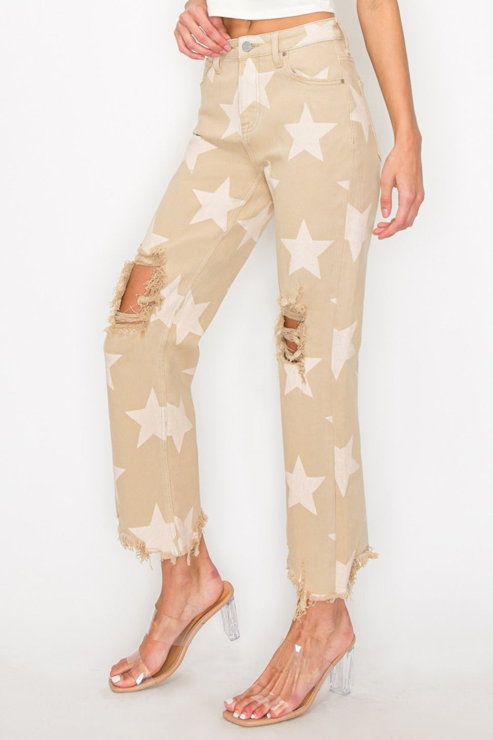 RISEN Full Size High Rise Star Printed Frayed Hem Jeans - Tigbul's Variety Fashion Shop