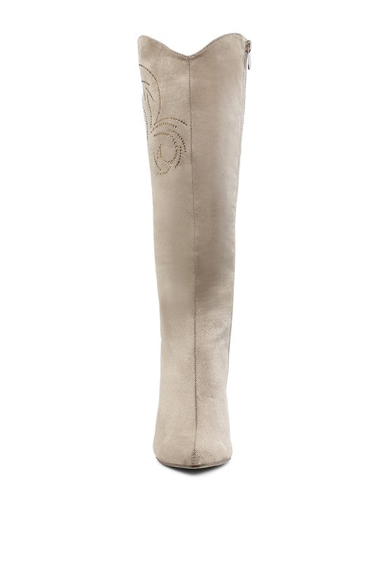 Beige calf boots with rhinestone scroll pattern on the shaft and slim heel