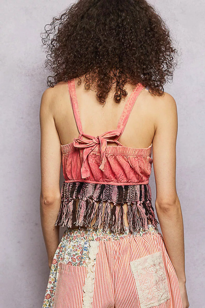 Back view: Pink lace-up tank with tie straps and lace yoke