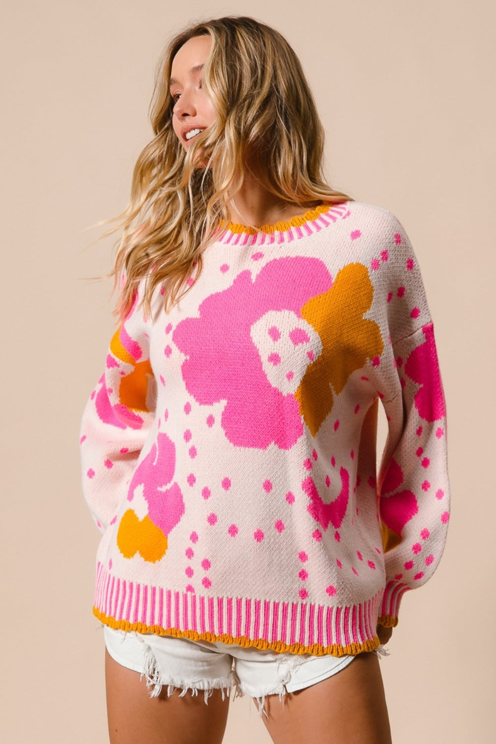 BiBi Flower Pattern Contrast Sweater - Tigbul's Variety Fashion Shop