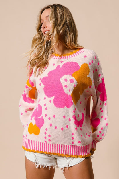 BiBi Flower Pattern Contrast Sweater - Tigbul's Variety Fashion Shop