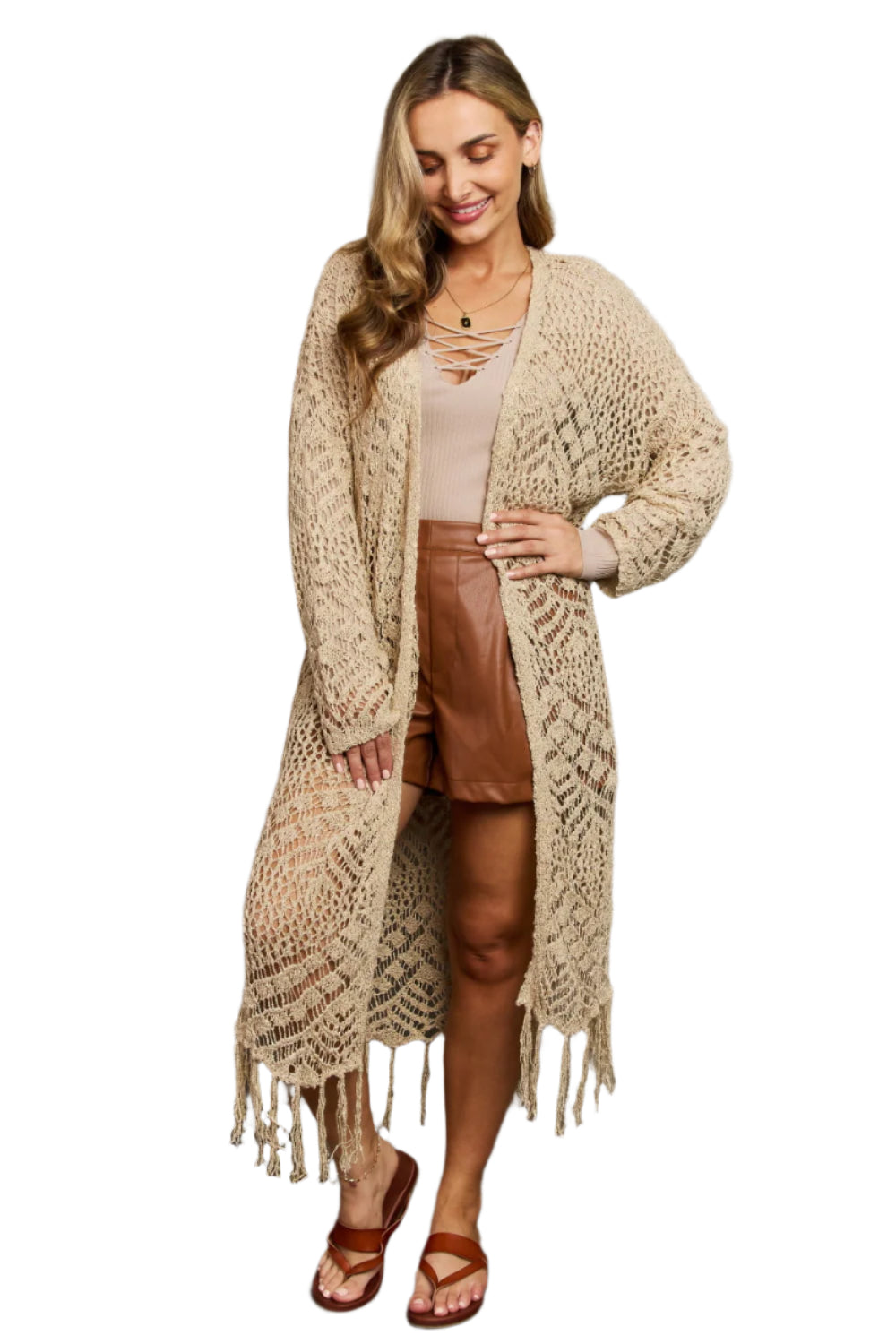 Tan Boho Plus Size 1XL Western Knit Fringe Cardigan | Tigbuls