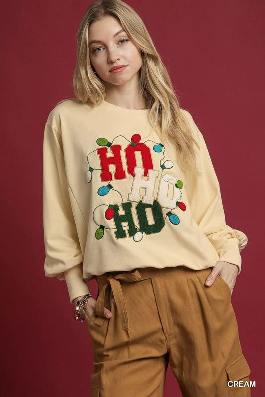 Umgee HO Applique French Terry Sweatshirt - Tigbul's Variety Fashion Shop