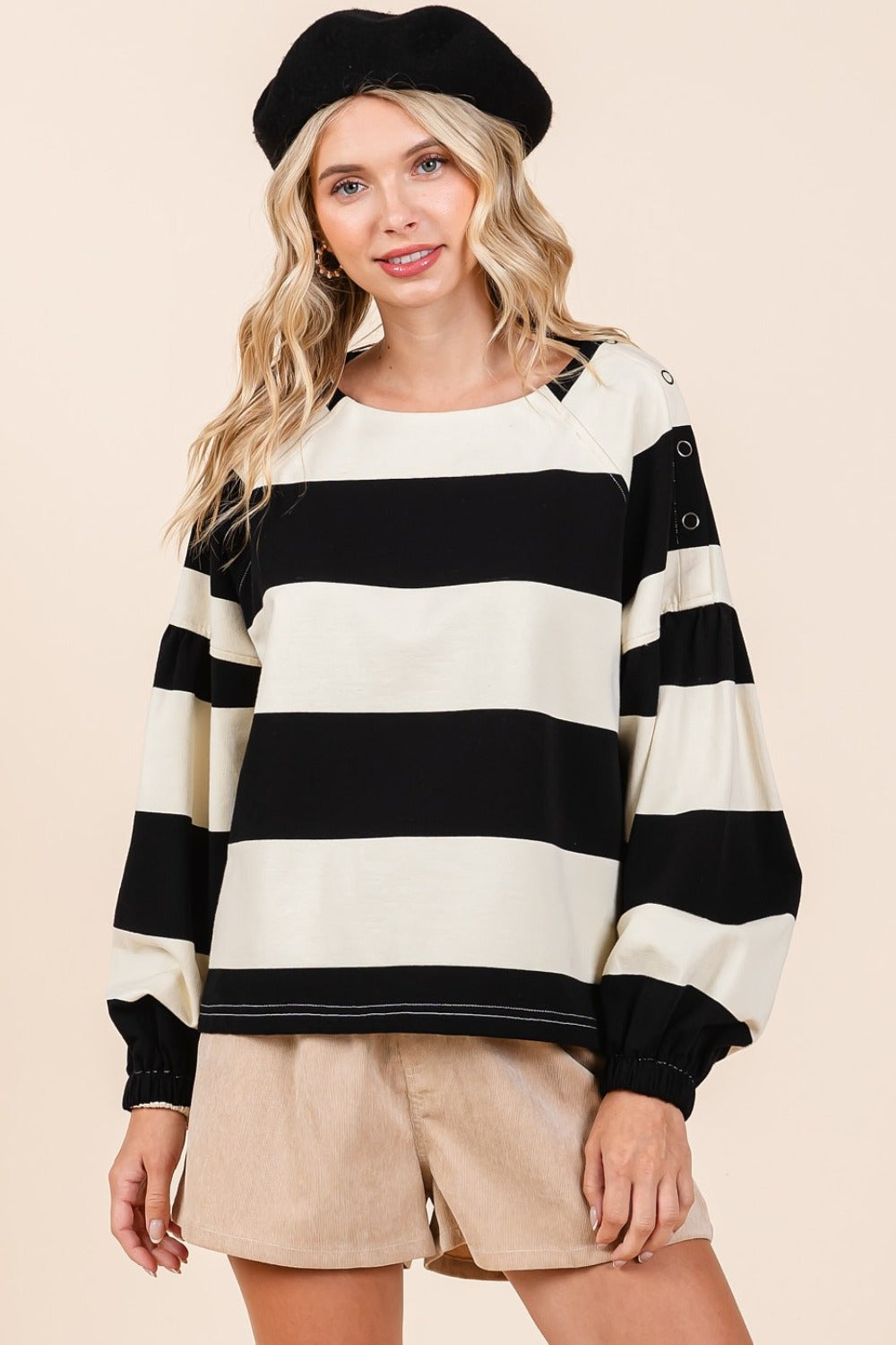 Striped Snap Shoulder Long Sleeve T-Shirt - Tigbul's Variety Fashion Shop